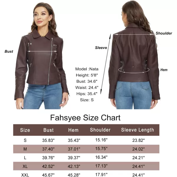 Fahsyee Faux Leather Jacket for Women Vegan Jackets Moto Biker Motocycle CoatChocolate