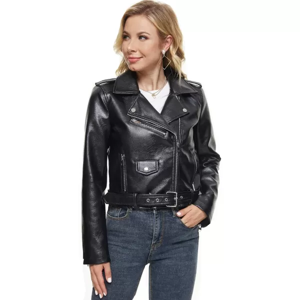 Fahsyee Faux Leather Jacket for Women Vegan Jackets Moto Biker Motocycle CoatShiny Black
