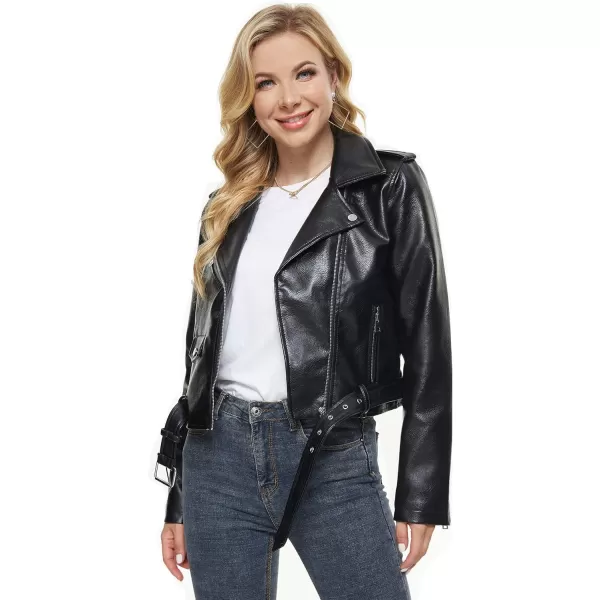 Fahsyee Faux Leather Jacket for Women Vegan Jackets Moto Biker Motocycle CoatShiny Black