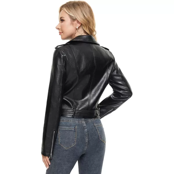 Fahsyee Faux Leather Jacket for Women Vegan Jackets Moto Biker Motocycle CoatShiny Black