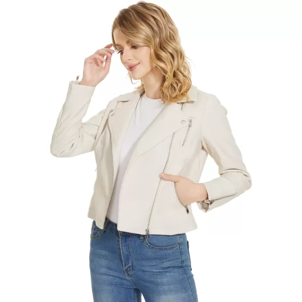Fahsyee Faux Leather Jacket for Women Vegan Jackets Moto Biker Motocycle CoatWhite