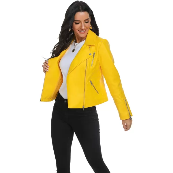 Fahsyee Faux Leather Jacket for Women Vegan Jackets Moto Biker Motocycle CoatYellow