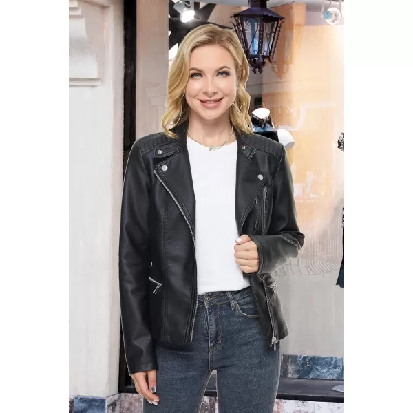 Fahsyee Leather Jacket for Women Faux Stand Collar Zip Up Motorcycle Short PU Moto Biker Outwear CoatXmjblack