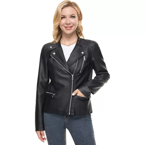Fahsyee Leather Jacket for Women Faux Stand Collar Zip Up Motorcycle Short PU Moto Biker Outwear CoatXmjblack