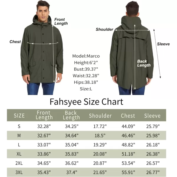 Fahsyee Rain Jacket Men Waterproof  Mens Raincoat Lightweight Rain Coat With Hood Long Breathable Windbreaker TrenchArmy Green01