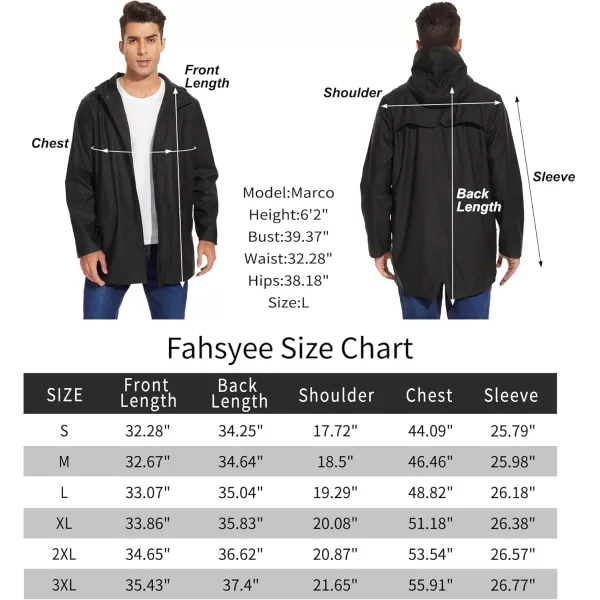 Fahsyee Rain Jacket Men Waterproof  Mens Raincoat Lightweight Rain Coat With Hood Long Breathable Windbreaker TrenchBlack01