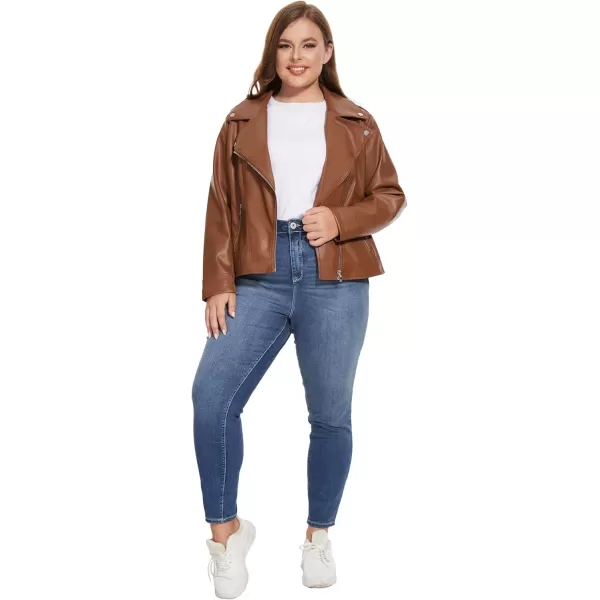 Fahsyee Womens Faux Leather Jackets Zip Up Motorcycle Short PU Moto Biker Outwear Fitted Slim CoatBrown
