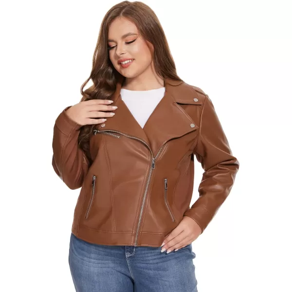 Fahsyee Womens Faux Leather Jackets Zip Up Motorcycle Short PU Moto Biker Outwear Fitted Slim CoatBrown
