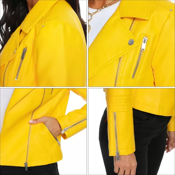 Fahsyee Womens Yellow Leather Jackets Faux Motorcycle Bomber Moto Biker Plus Size Coat Short Lightweight Vegan Pleather Fashion S