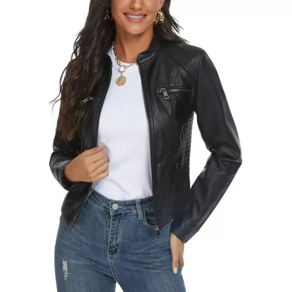 Fahsyee Black Faux Leather Jackets for Women Motorcycle PU Moto Biker Outwear CoatBlack