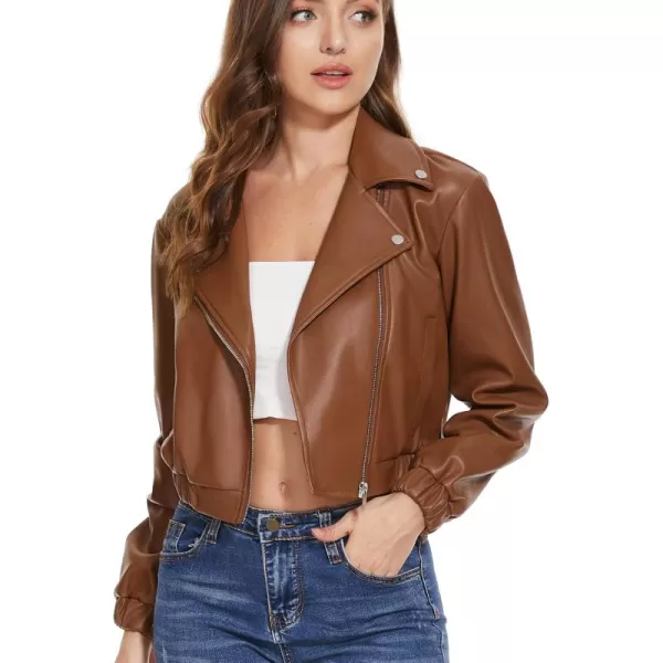 Fahsyee Faux Leather Jacket Women  Black Motorcycle Short Coat Moto Biker Blazer Casual Pleather Jackets Fashion SXXLBrown
