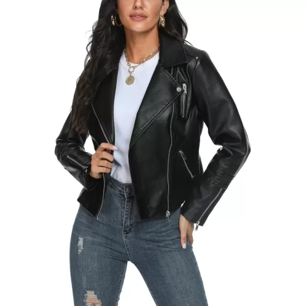 Fahsyee Faux Leather Jacket for Women Vegan Jackets Moto Biker Motocycle CoatBlack