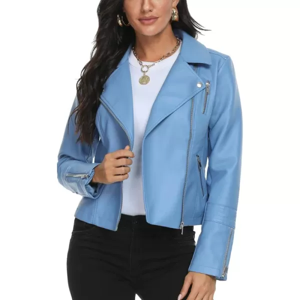 Fahsyee Faux Leather Jacket for Women Vegan Jackets Moto Biker Motocycle CoatBlue
