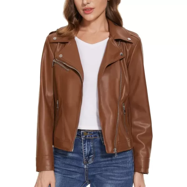 Fahsyee Faux Leather Jacket for Women Vegan Jackets Moto Biker Motocycle CoatBrown