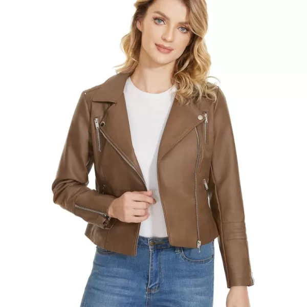 Fahsyee Faux Leather Jacket for Women Vegan Jackets Moto Biker Motocycle CoatCamel
