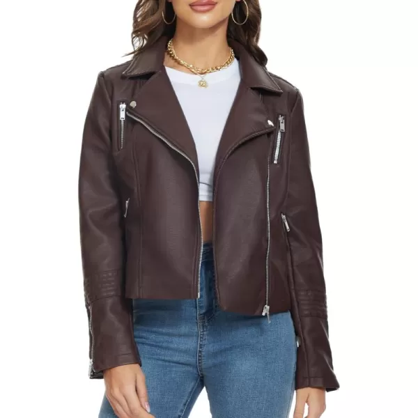 Fahsyee Faux Leather Jacket for Women Vegan Jackets Moto Biker Motocycle CoatChocolate
