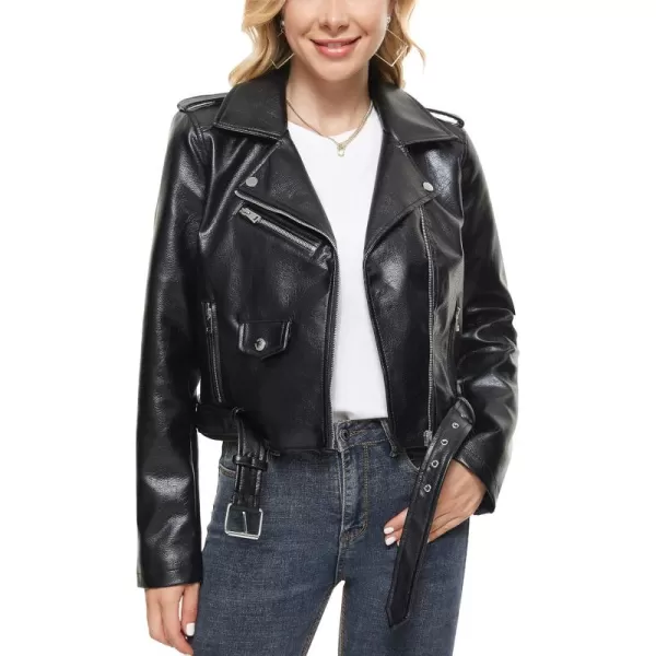 Fahsyee Faux Leather Jacket for Women Vegan Jackets Moto Biker Motocycle CoatShiny Black
