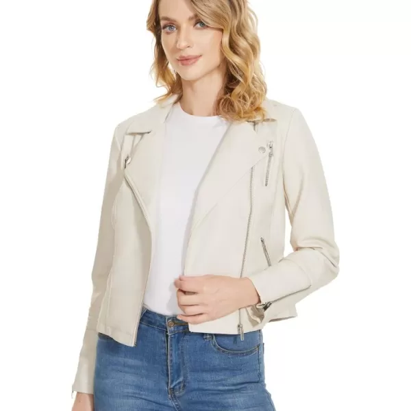 Fahsyee Faux Leather Jacket for Women Vegan Jackets Moto Biker Motocycle CoatWhite
