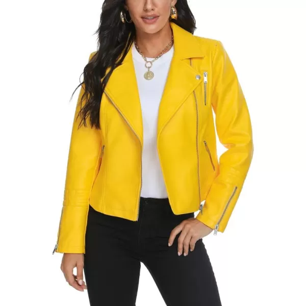 Fahsyee Faux Leather Jacket for Women Vegan Jackets Moto Biker Motocycle CoatYellow