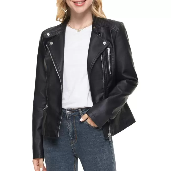 Fahsyee Leather Jacket for Women Faux Stand Collar Zip Up Motorcycle Short PU Moto Biker Outwear CoatXmjblack