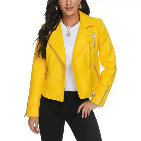 Fahsyee Womens Yellow Leather Jackets Faux Motorcycle Bomber Moto Biker Plus Size Coat Short Lightweight Vegan Pleather Fashion S