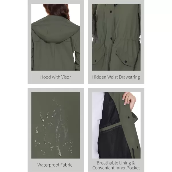 Fahsyee Raincoat Women Rain Jacket Waterproof Raincoat Hooded Windbreaker Outdoor Long ActiveArmy Green