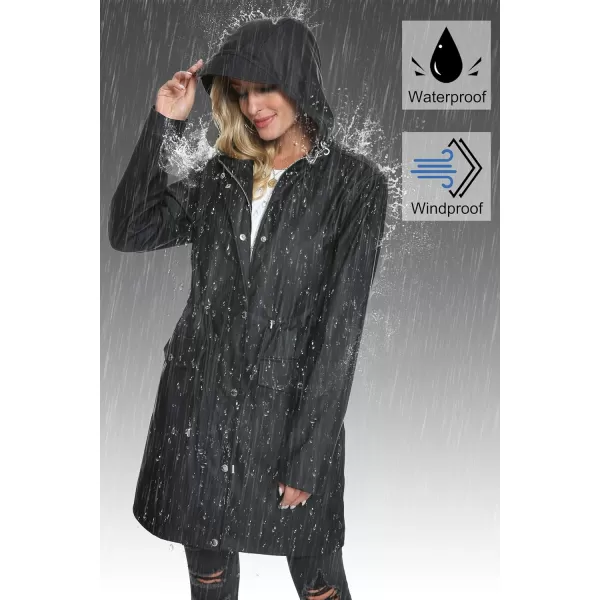 Fahsyee Raincoat Women Rain Jacket Waterproof Raincoat Hooded Windbreaker Outdoor Long ActiveBlack01