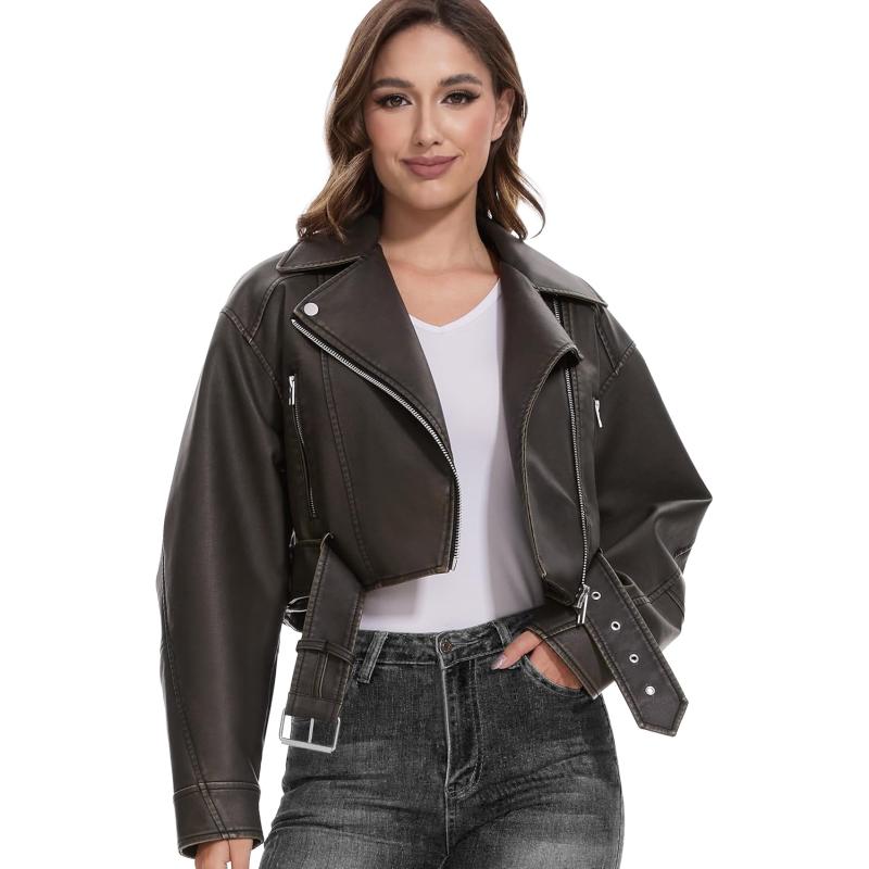 imageFahsyee Womens Leather Jackets Faux Motorcycle Biker Coat Short Lightweight VeganFlblack