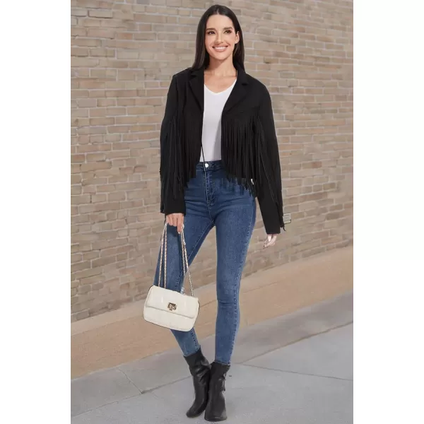 imageFahsyee Womens Fringe Leather Jackets  Suede Faux Motocycle Biker Cropped Coat Vegan Blazer Pleather Fashion Tassel SXXLBlack