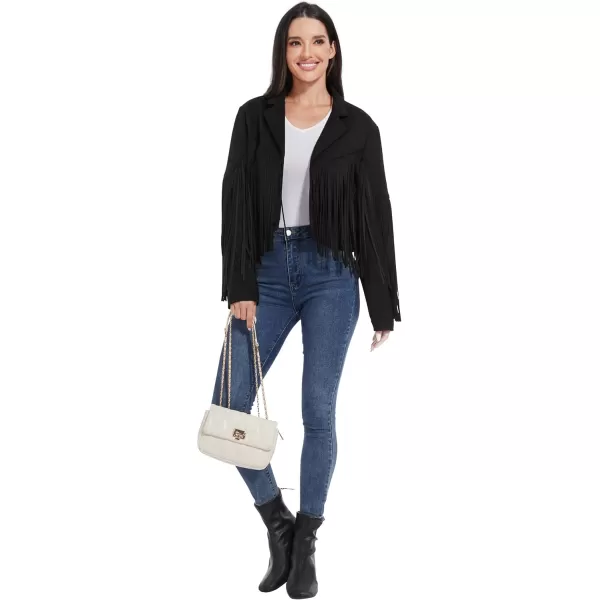 imageFahsyee Womens Fringe Leather Jackets  Suede Faux Motocycle Biker Cropped Coat Vegan Blazer Pleather Fashion Tassel SXXLBlack