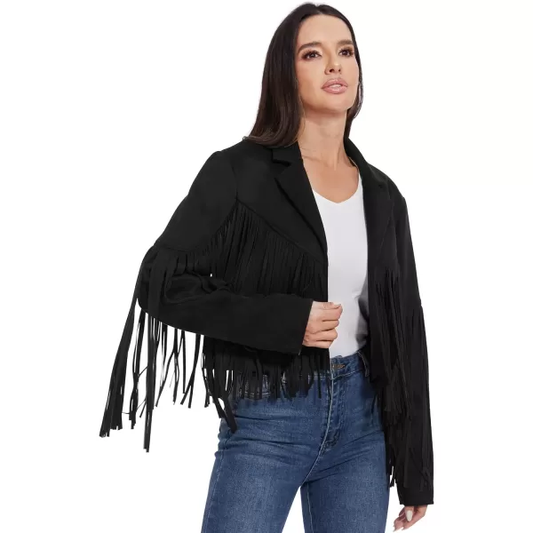 imageFahsyee Womens Fringe Leather Jackets  Suede Faux Motocycle Biker Cropped Coat Vegan Blazer Pleather Fashion Tassel SXXLBlack