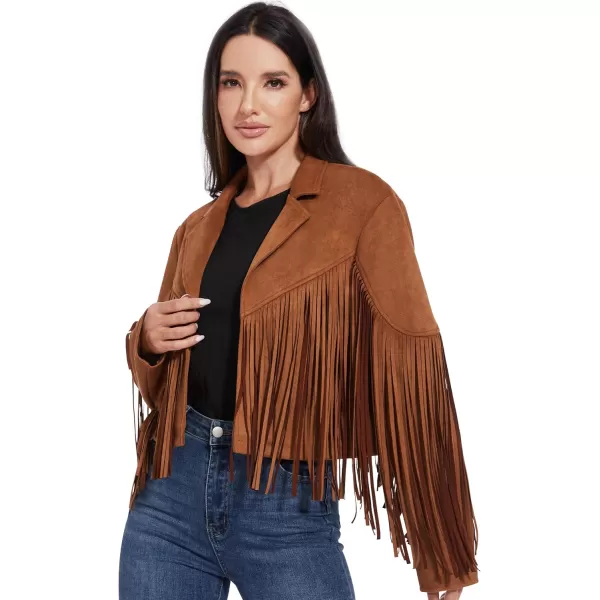 imageFahsyee Womens Fringe Leather Jackets  Suede Faux Motocycle Biker Cropped Coat Vegan Blazer Pleather Fashion Tassel SXXLBrown