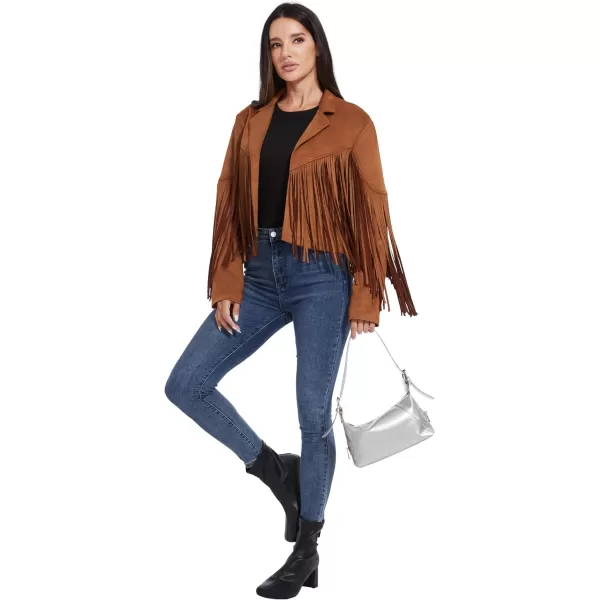 imageFahsyee Womens Fringe Leather Jackets  Suede Faux Motocycle Biker Cropped Coat Vegan Blazer Pleather Fashion Tassel SXXLBrown