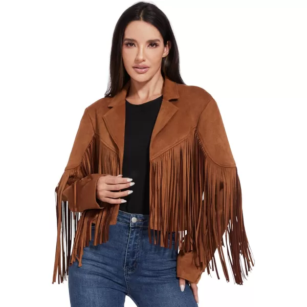 imageFahsyee Womens Fringe Leather Jackets  Suede Faux Motocycle Biker Cropped Coat Vegan Blazer Pleather Fashion Tassel SXXLBrown