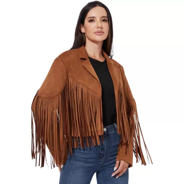 imageFahsyee Womens Fringe Leather Jackets  Suede Faux Motocycle Biker Cropped Coat Vegan Blazer Pleather Fashion Tassel SXXLBrown