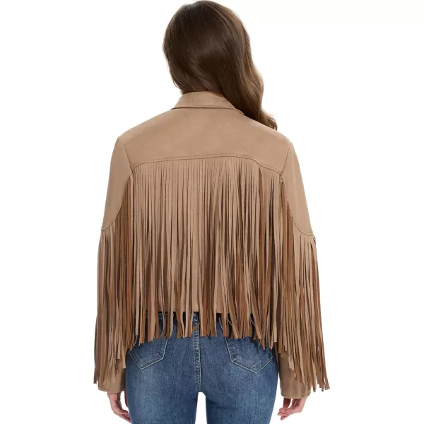 imageFahsyee Womens Fringe Leather Jackets  Suede Faux Motocycle Biker Cropped Coat Vegan Blazer Pleather Fashion Tassel SXXLCamel