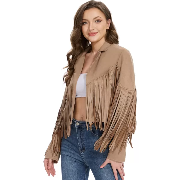 imageFahsyee Womens Fringe Leather Jackets  Suede Faux Motocycle Biker Cropped Coat Vegan Blazer Pleather Fashion Tassel SXXLCamel