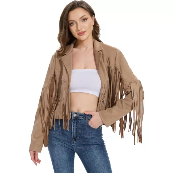 imageFahsyee Womens Fringe Leather Jackets  Suede Faux Motocycle Biker Cropped Coat Vegan Blazer Pleather Fashion Tassel SXXLCamel