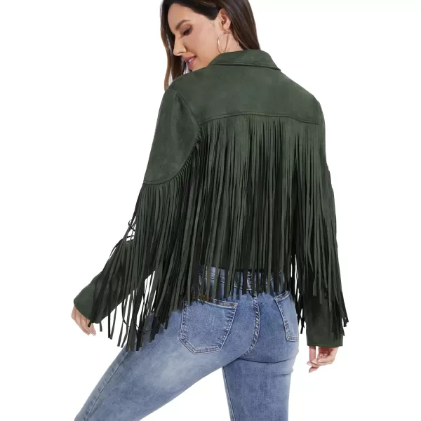imageFahsyee Womens Fringe Leather Jackets  Suede Faux Motocycle Biker Cropped Coat Vegan Blazer Pleather Fashion Tassel SXXLGreen