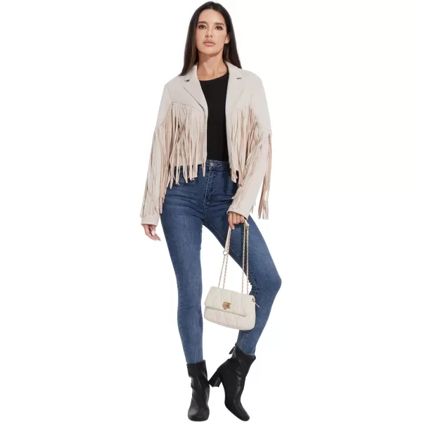 imageFahsyee Womens Fringe Leather Jackets  Suede Faux Motocycle Biker Cropped Coat Vegan Blazer Pleather Fashion Tassel SXXLWhite