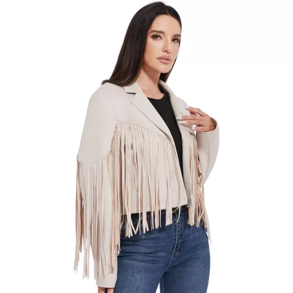 imageFahsyee Womens Fringe Leather Jackets  Suede Faux Motocycle Biker Cropped Coat Vegan Blazer Pleather Fashion Tassel SXXLWhite