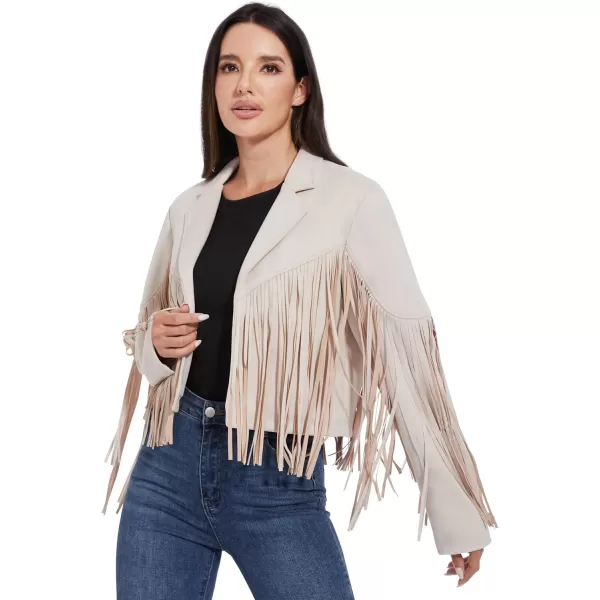 imageFahsyee Womens Fringe Leather Jackets  Suede Faux Motocycle Biker Cropped Coat Vegan Blazer Pleather Fashion Tassel SXXLWhite