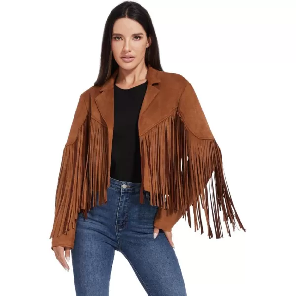 imageFahsyee Womens Fringe Leather Jackets  Suede Faux Motocycle Biker Cropped Coat Vegan Blazer Pleather Fashion Tassel SXXLBrown