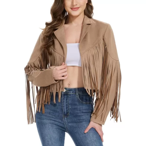 imageFahsyee Womens Fringe Leather Jackets  Suede Faux Motocycle Biker Cropped Coat Vegan Blazer Pleather Fashion Tassel SXXLCamel