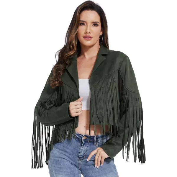 imageFahsyee Womens Fringe Leather Jackets  Suede Faux Motocycle Biker Cropped Coat Vegan Blazer Pleather Fashion Tassel SXXLGreen