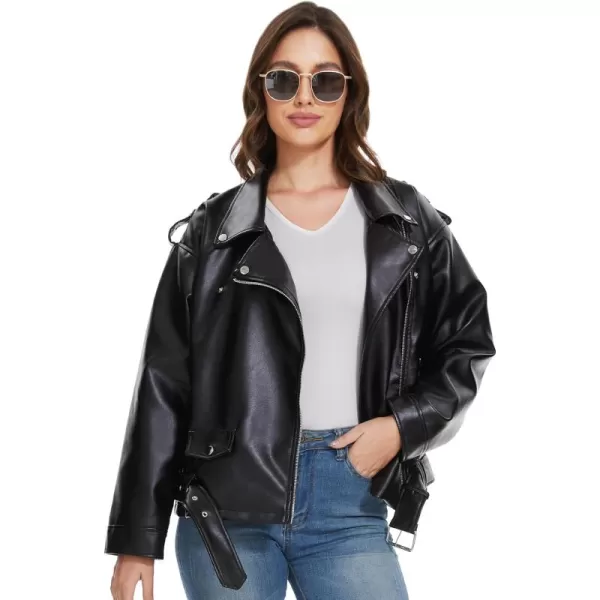 imageFahsyee Womens Leather Jackets Faux Motorcycle Biker Coat Short Lightweight VeganBlack