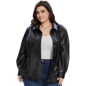 imageFahsyee Women Faux Leather Shacket Moto Biker Shirts Loose Fit Blazer Long Sleeves Button Casual Jacket Plus Size SXXLBlackfp