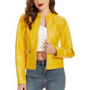 imageFahsyee Zip Leather Jackets for Women Motorcycle Faux PU Moto Biker Outwear CoatYellow