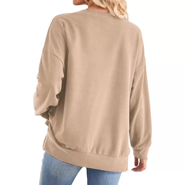 Amoretu Womens Long Sleeve Tops Oversized Sweatshirts Round Neck Shirt Side Slit Trendy Pullover Fall Winter 2024Khaki