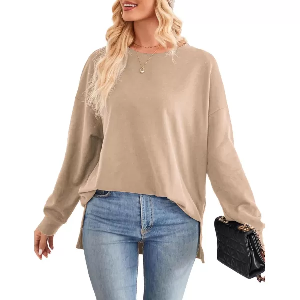 Amoretu Womens Long Sleeve Tops Oversized Sweatshirts Round Neck Shirt Side Slit Trendy Pullover Fall Winter 2024Khaki